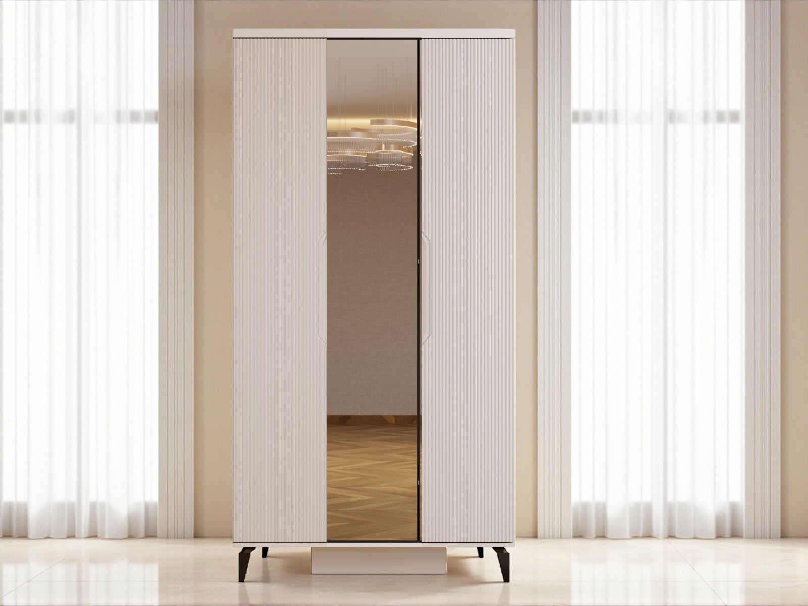 Mary 3 Kapaklı Çekmeceli Mdf Membran Dolap Reflekte Cam Gardırop Kumtaşı Montaj Dahil