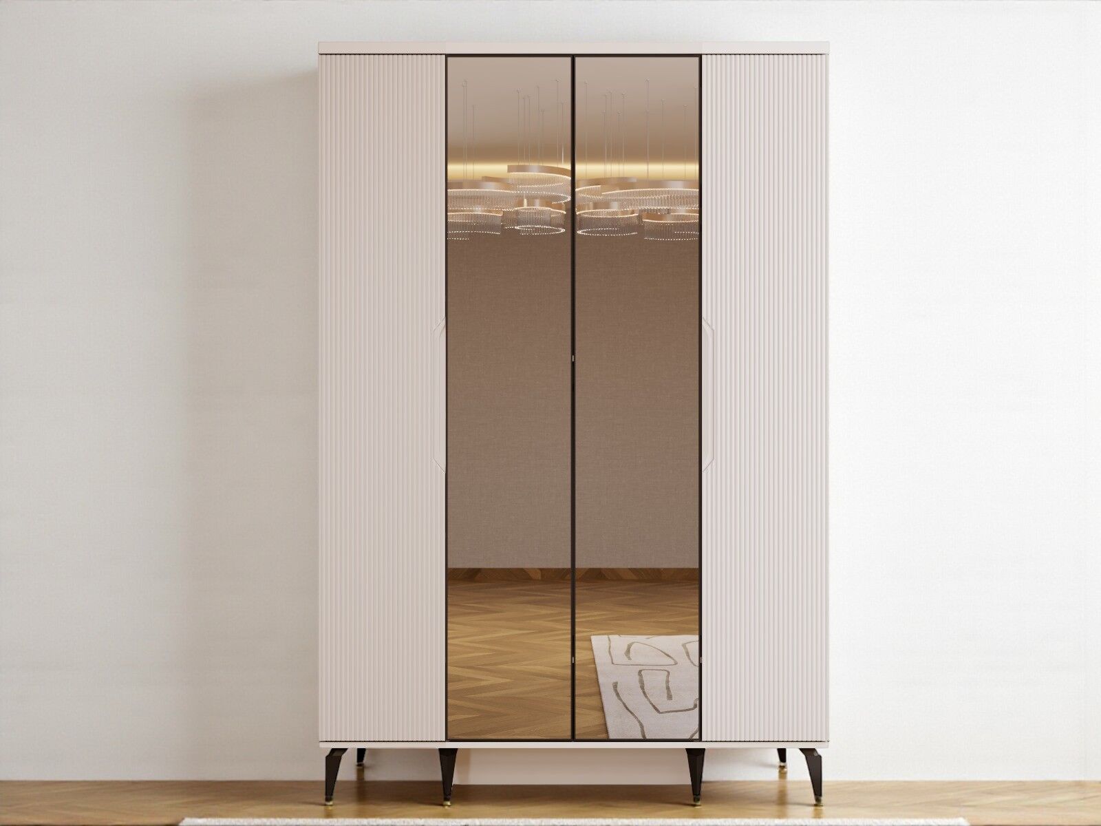 Mary 4 Kapaklı Çekmeceli Mdf Membran Dolap Reflekte Cam Gardırop Kumtaşı Montaj Dahil