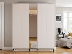 Mary 5 Kapaklı Çekmeceli Mdf Membran Dolap Reflekte Cam Gardırop Kumtaşı Montaj Dahil