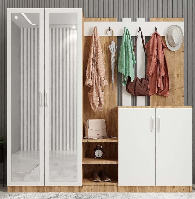 Flora Aynalı Portmanto Vestiyer - Ücretsiz Kurulum - Çam Beyaz