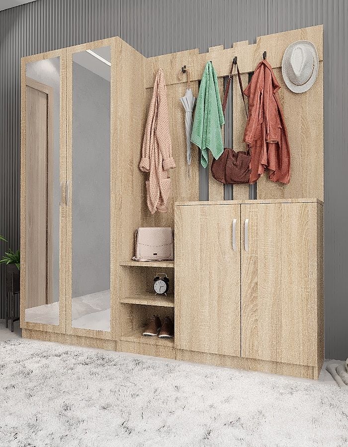 Flora Aynalı Portmanto Vestiyer - Ücretsiz Kurulum - Meşe