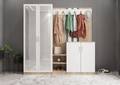 Flora Aynalı Portmanto Vestiyer - Ücretsiz Kurulum - Meşe Beyaz