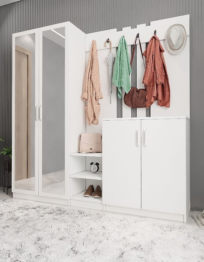 Flora Aynalı Portmanto Vestiyer - Ücretsiz Kurulum - Beyaz