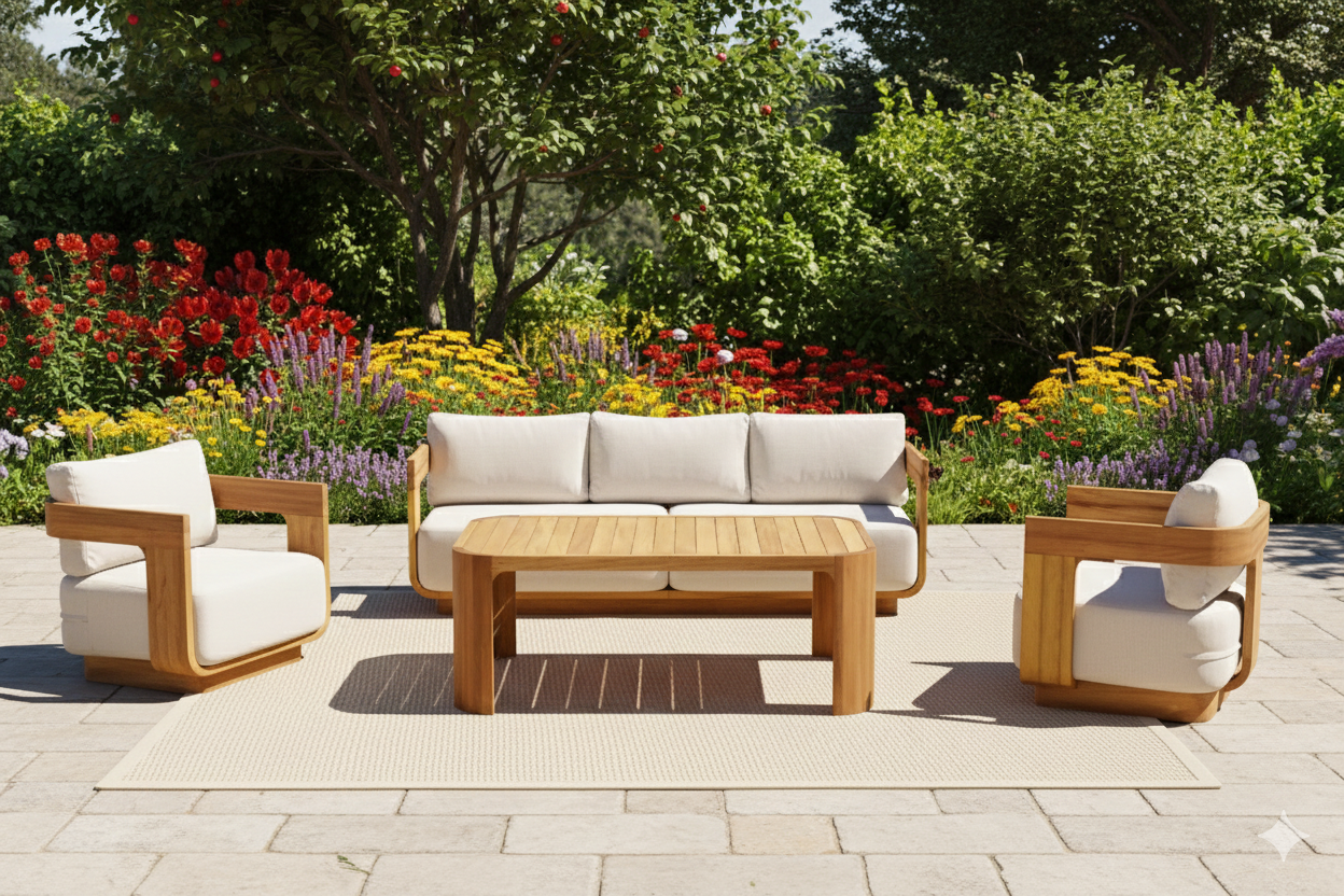 Garniş Masif Ahşap İroko Ağacı Oturma Grubu Bahçe Balkon Koltuk Takımı 3+1+1+ Masa