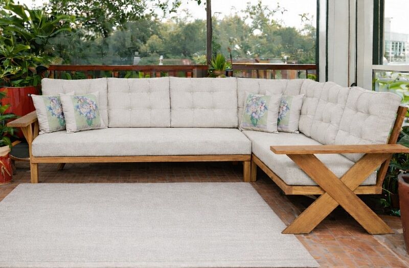 Berlin Masif Ahşap Bahçe Balkon Köşe Koltuk Takımı Kestane Ağacı Krem