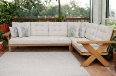 Berlin Masif Ahşap Bahçe Balkon Köşe Koltuk Takımı Kestane Ağacı Krem