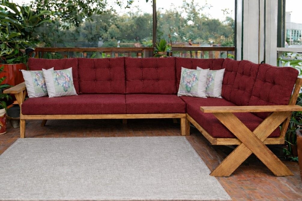 Berlin Masif Ahşap Bahçe Balkon Köşe Koltuk Takımı Kestane Ağacı Bordo