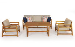 Gamze Masif Ahşap İroko Ağacı Oturma Grubu Bahçe Balkon Koltuk Takımı Krem 3+1+1+ Masa