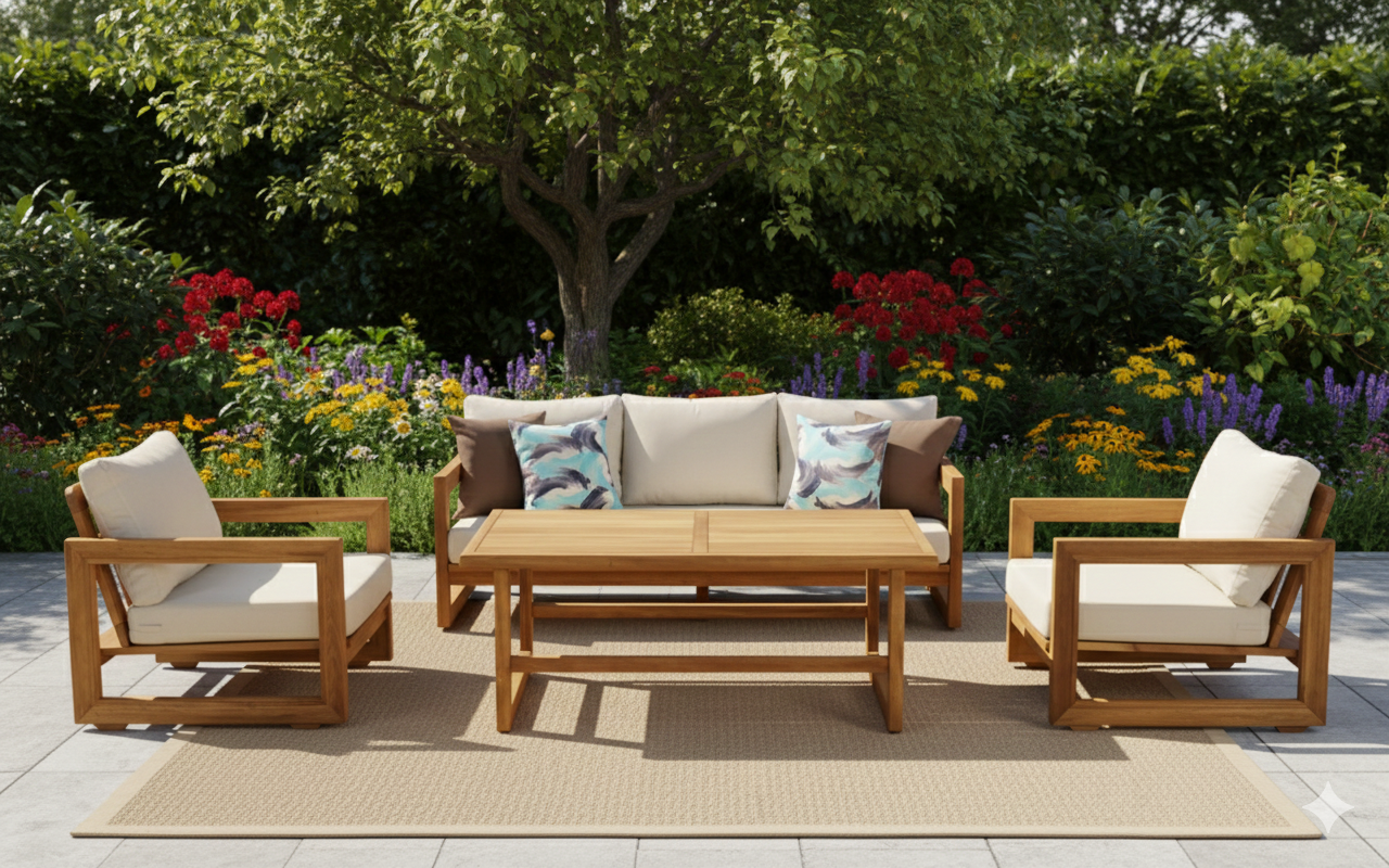 Liverno Masif Ahşap İroko Ağacı Oturma Grubu Bahçe Balkon Koltuk Takımı 3+1+1+ Masa