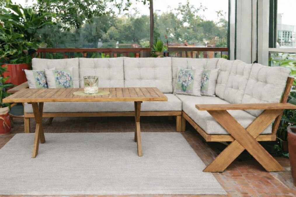 Berlin Masif Ahşap Bahçe Balkon Köşe Koltuk Takımı Kestane Ağacı Masalı Krem