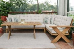 Berlin Masif Ahşap Bahçe Balkon Köşe Koltuk Takımı Kestane Ağacı Masalı Krem