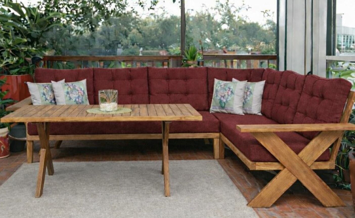 Berlin Masif Ahşap Bahçe Balkon Köşe Koltuk Takımı Kestane Ağacı Masalı Bordo