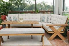 Berlin Masif Ahşap Bahçe Balkon Köşe Koltuk Takımı Kestane Ağacı Masalı ve Benchli Krem