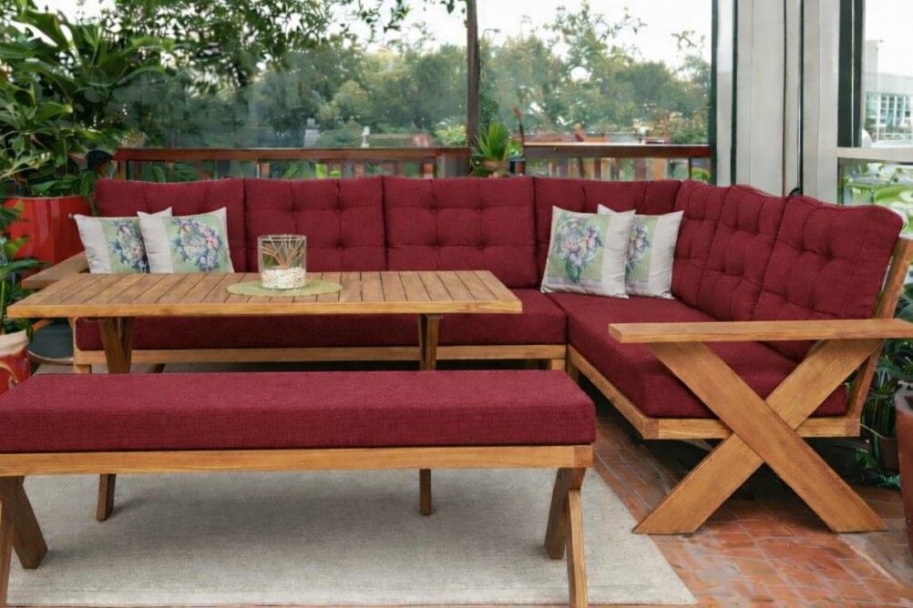 Berlin Masif Ahşap Bahçe Balkon Köşe Koltuk Takımı Kestane Ağacı Masalı ve Benchli Bordo