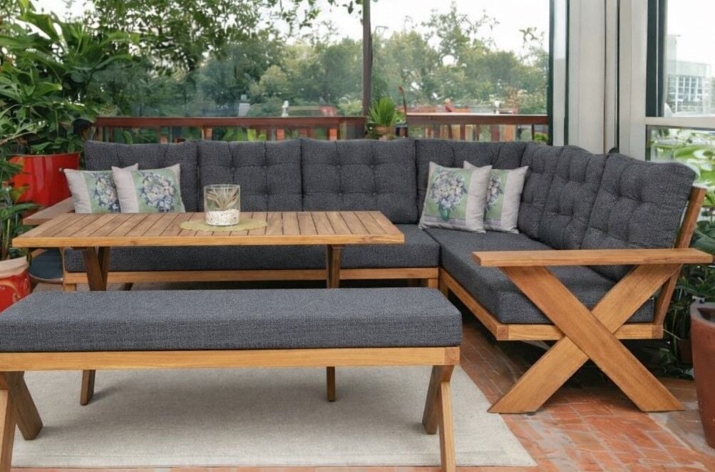 Berlin Masif Ahşap Bahçe Balkon Köşe Koltuk Takımı Kestane Ağacı Masalı ve Benchli Antrasit