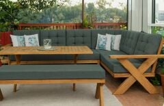 Berlin Masif Ahşap Bahçe Balkon Köşe Koltuk Takımı Kestane Ağacı Masalı ve Benchli Haki