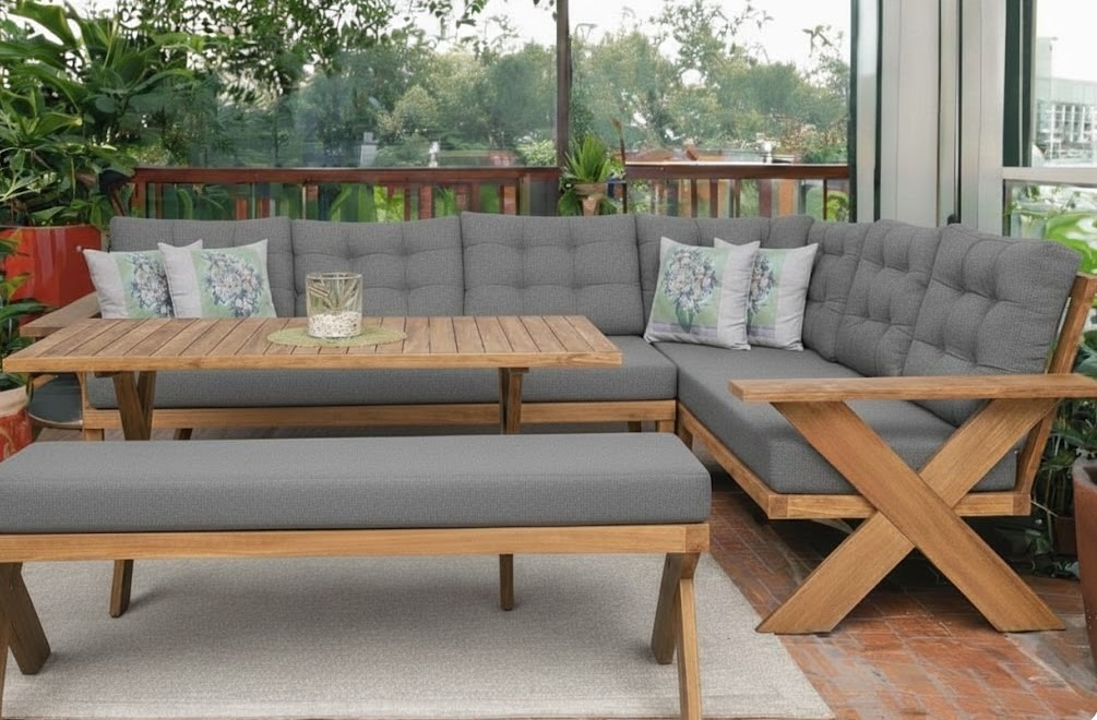 Berlin Masif Ahşap Bahçe Balkon Köşe Koltuk Takımı Kestane Ağacı Masalı ve Benchli Gri