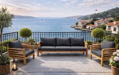 Valeri Masif Ahşap Bahçe Balkon Koltuk Takımı Kestane Ağacı 1 adet İkili 2 Adet Tekli Antrasit