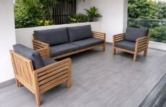 Valeri Masif Ahşap Bahçe Balkon Koltuk Takımı Kestane Ağacı 1 adet İkili 2 Adet Tekli Antrasit