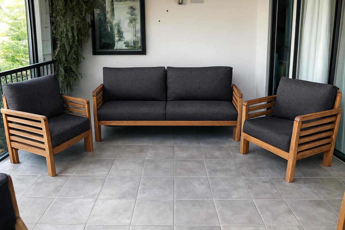 Valeri Masif Ahşap Bahçe Balkon Koltuk Takımı Kestane Ağacı 1 adet İkili 2 Adet Tekli Antrasit