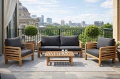 Valeri Masif Ahşap Bahçe Balkon Koltuk Takımı Kestane Ağacı 1 adet İkili 2 Adet Tekli ve Sehpa Antrasit