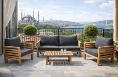 Valeri Masif Ahşap Bahçe Balkon Koltuk Takımı Kestane Ağacı 1 adet İkili 2 Adet Tekli ve Sehpa Antrasit