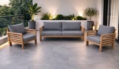 Valeri Masif Ahşap Bahçe Balkon Koltuk Takımı Kestane Ağacı 1 adet İkili 2 Adet Tekli Gri