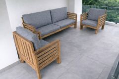 Valeri Masif Ahşap Bahçe Balkon Koltuk Takımı Kestane Ağacı 1 adet İkili 2 Adet Tekli Gri