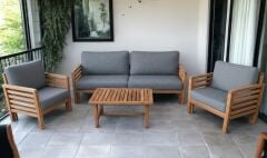 Valeri Masif Ahşap Bahçe Balkon Koltuk Takımı Kestane Ağacı 1 adet İkili 2 Adet Tekli ve Sehpa Gri