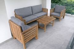 Valeri Masif Ahşap Bahçe Balkon Koltuk Takımı Kestane Ağacı 1 adet İkili 2 Adet Tekli ve Sehpa Gri