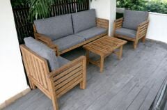 Valeri Masif Ahşap Bahçe Balkon Koltuk Takımı Kestane Ağacı 1 adet İkili 2 Adet Tekli ve Sehpa Gri