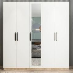 Kristal 5 Kapaklı Dolap Gardırop Meşe Beyaz - Ücretsiz Kurulum