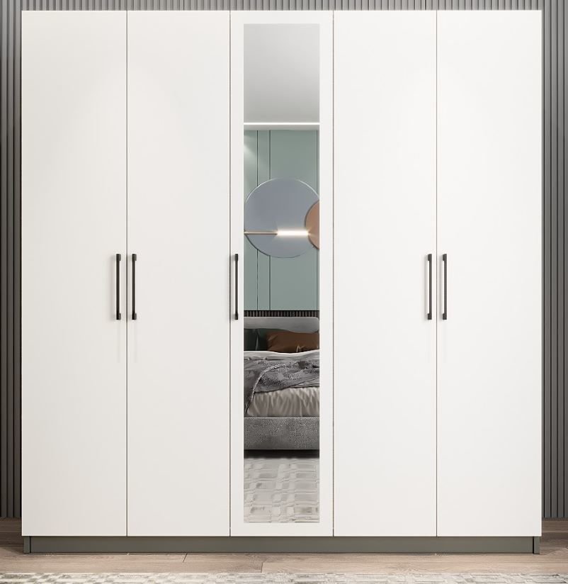 Kristal 5 Kapaklı Dolap Gardırop Füme Beyaz - Ücretsiz Kurulum