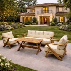 Asude Masif Kestane Ağacı Bahçe Balkon Koltuk Takımı 3+1+1+Masa Krem