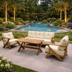 Asude Masif Kestane Ağacı Bahçe Balkon Koltuk Takımı 3+1+1+Masa Krem