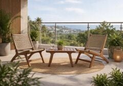 Çeşme Masif Ahşap İroko Ağacı Oturma Grubu Bahçe Balkon Koltuk Takımı 1+1+ Sehpa Ücretsiz Teslimat