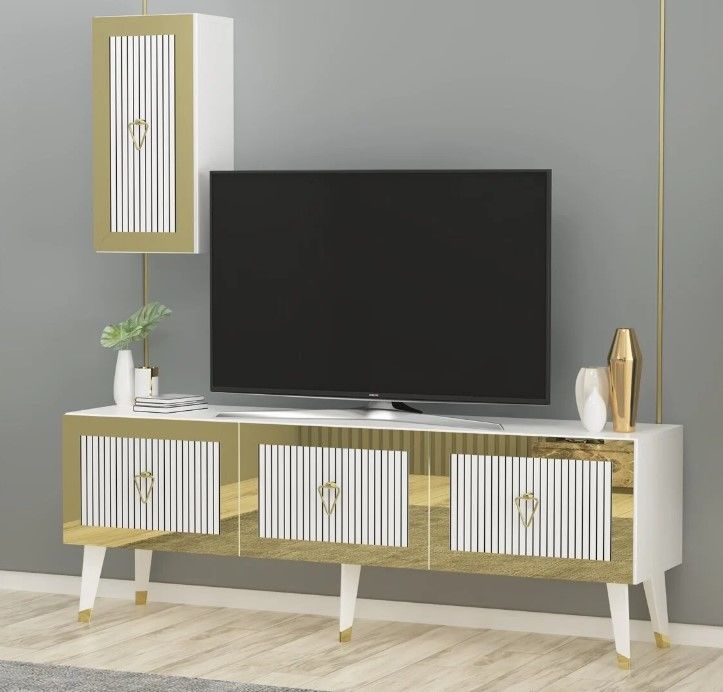 Scala Lazer Desenli Tv Ünitesi Beyaz-Altın 150 cm