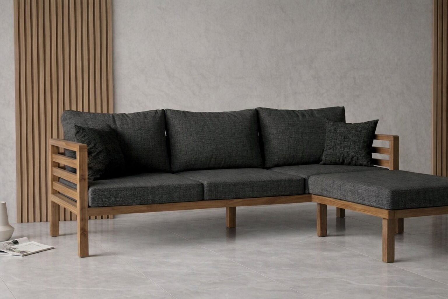 Puzzle Masif Kestane Ahşap Bahçe Balkon Sehpasız Köşe Takımı Antrasit