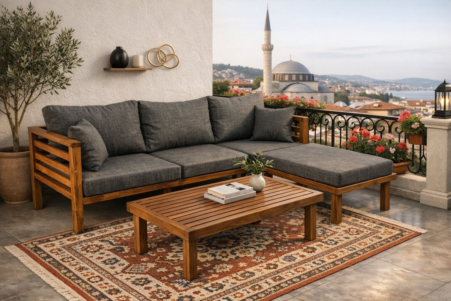 Puzzle Masif Kestane Ahşap Bahçe Balkon Sehpalı Köşe Takımı Antrasit