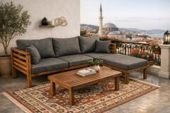 Puzzle Masif Kestane Ahşap Bahçe Balkon Sehpalı Köşe Takımı Antrasit