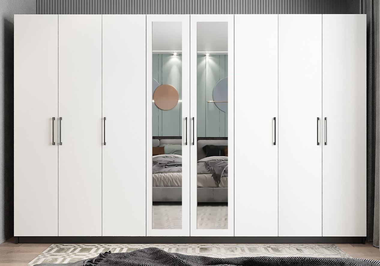 Başak 8 Kapaklı Dolap Gardırop Füme Beyaz - Ücretsiz Kurulum