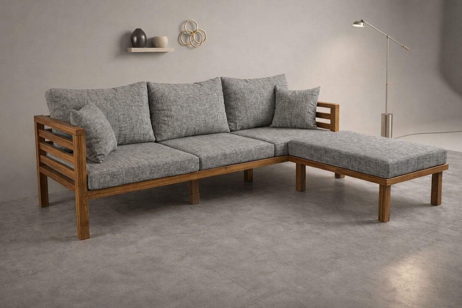Puzzle Masif Kestane Ahşap Bahçe Balkon Sehpasız Köşe Takımı Açık Gri