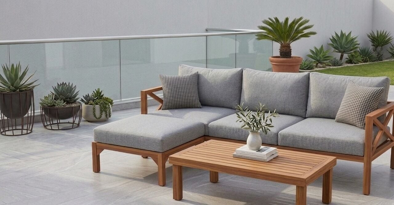 WideCross Masif Kestane Ahşap Bahçe Balkon Sehpalı Köşe Takımı Açık Gri
