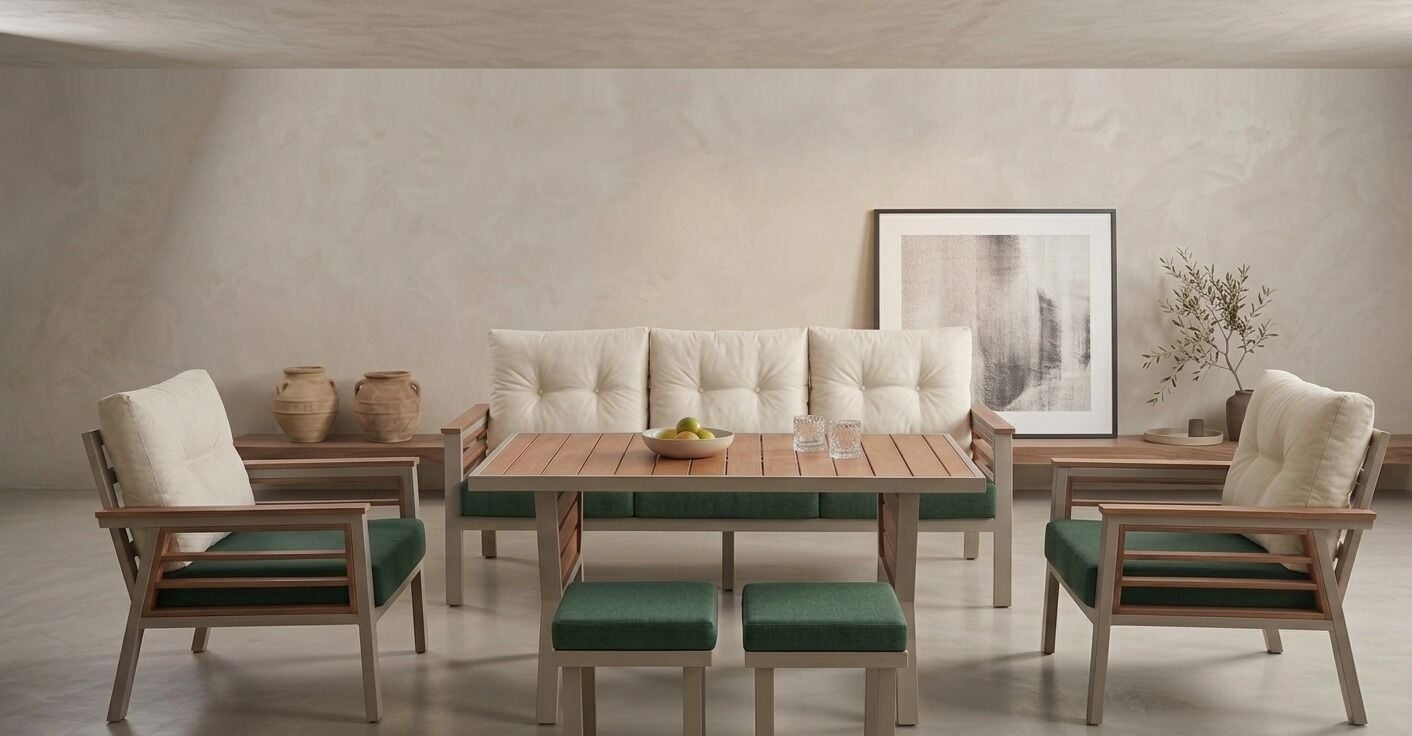 Olivia Metal Bahçe Balkon Teras Koltuk Takımı 3+1+1+Masa+2 adet Puf