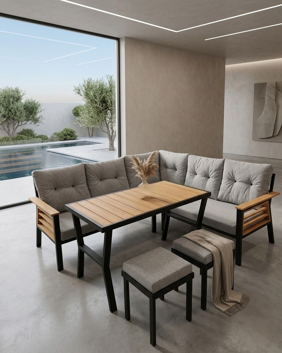 Dolce Metal Bahçe Balkon Teras Köşe Masa ve Puf Takımı
