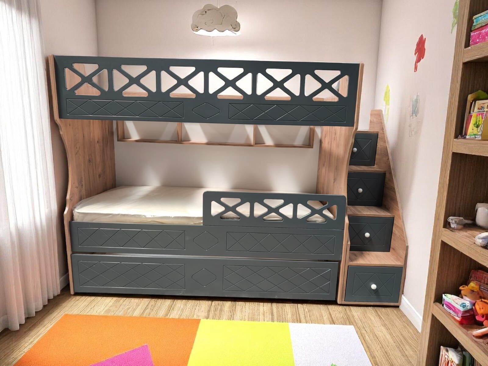 Cordoba Tamamı Mdf Lake Boyalı Yavrulu 3 lü Ranza Antrasit Meşe Ücretsiz Kurulum