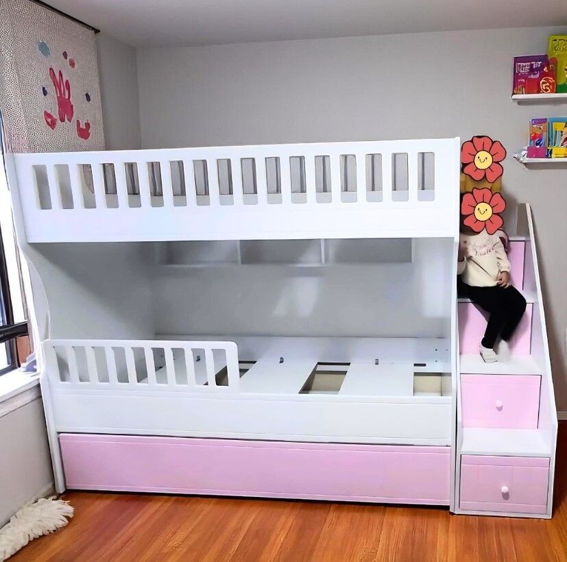 Zaragoza Tamamı Mdf Lake Boyalı Yavrulu 3 lü Ranza Pembe Beyaz Ücretsiz Kurulum