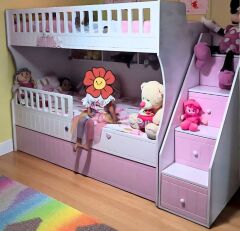 Zaragoza Tamamı Mdf Lake Boyalı Yavrulu 3 lü Ranza Pembe Beyaz Ücretsiz Kurulum