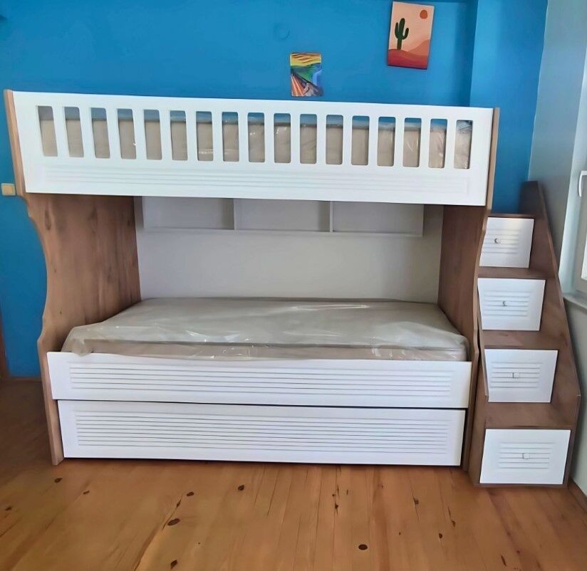 Midas Mdf Panjur Model Lake Boyalı Yavrulu 3 lü Ranza Atlantik-Beyaz Montaj Dahil