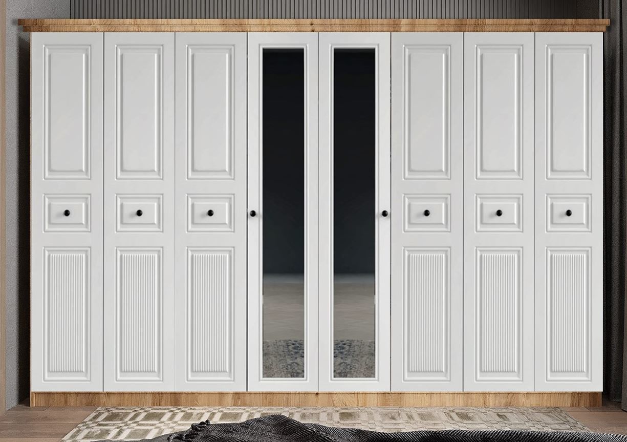 Sementa Membran 8 Kapaklı 4 Çekmeceli Dolap Gardırop Montaj Dahil - Çam Beyaz